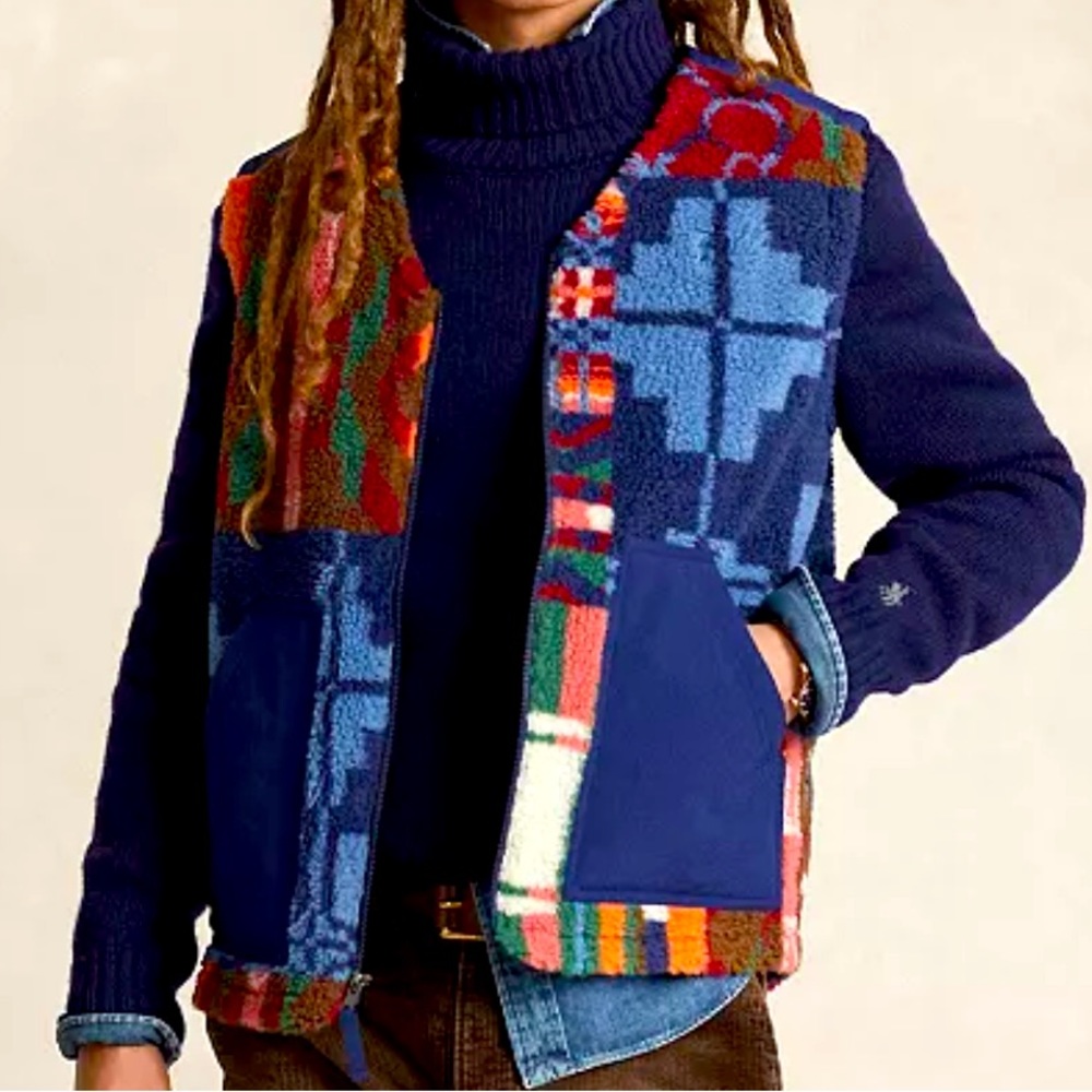 POLO Patchwork-Print Pile Fleece Vest